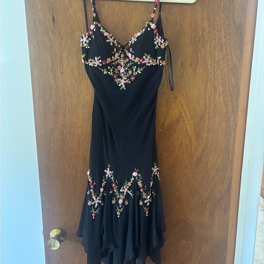 Vintage (early 2000s) Sue Wong Black Dress with Pink Floral Embroidery